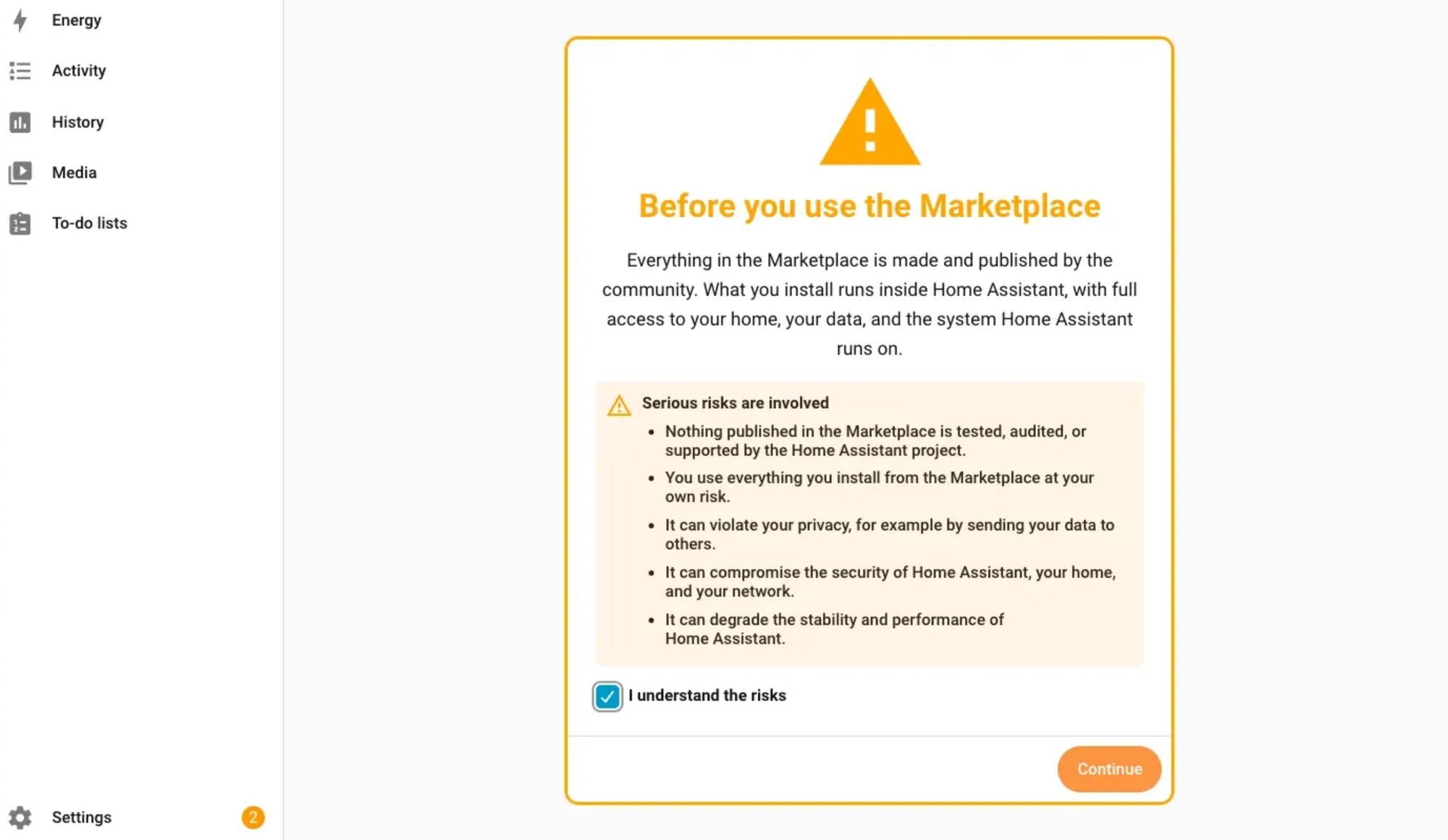Home Assistant warning marketplace